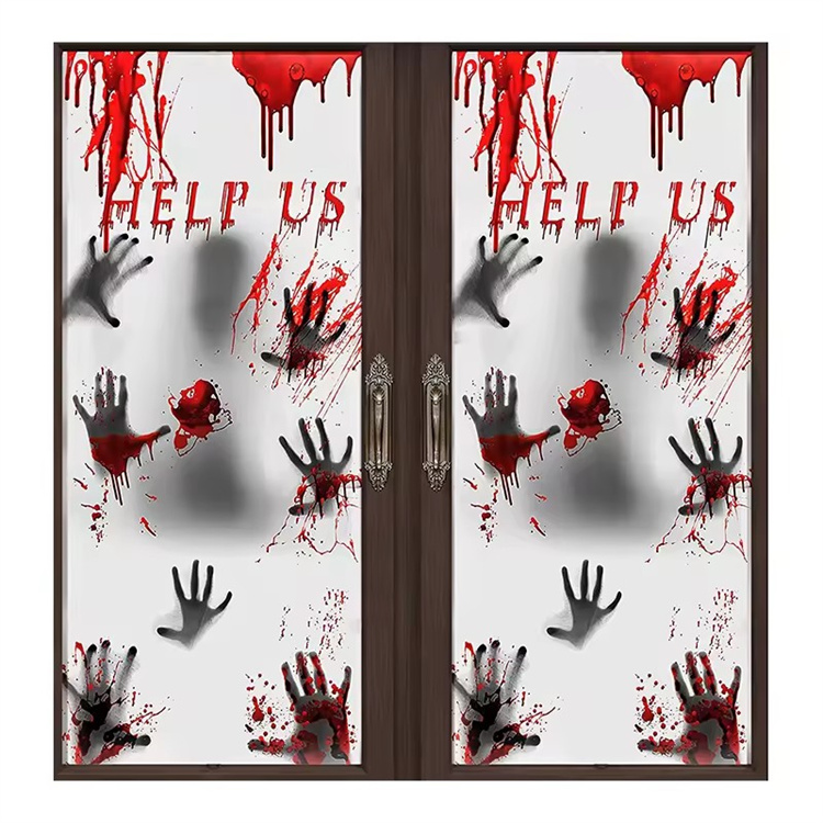 Cubierta de ventana de plástico con huellas de manos sangrientas y aterradoras para Halloween