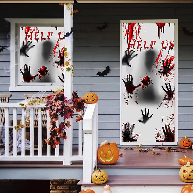 Cubierta de ventana de plástico con huellas de manos sangrientas y aterradoras para Halloween